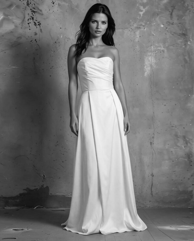 Style 17. GUdnitz Copenhagen. Elegant draperet corsage kjole i satin med høj slids.