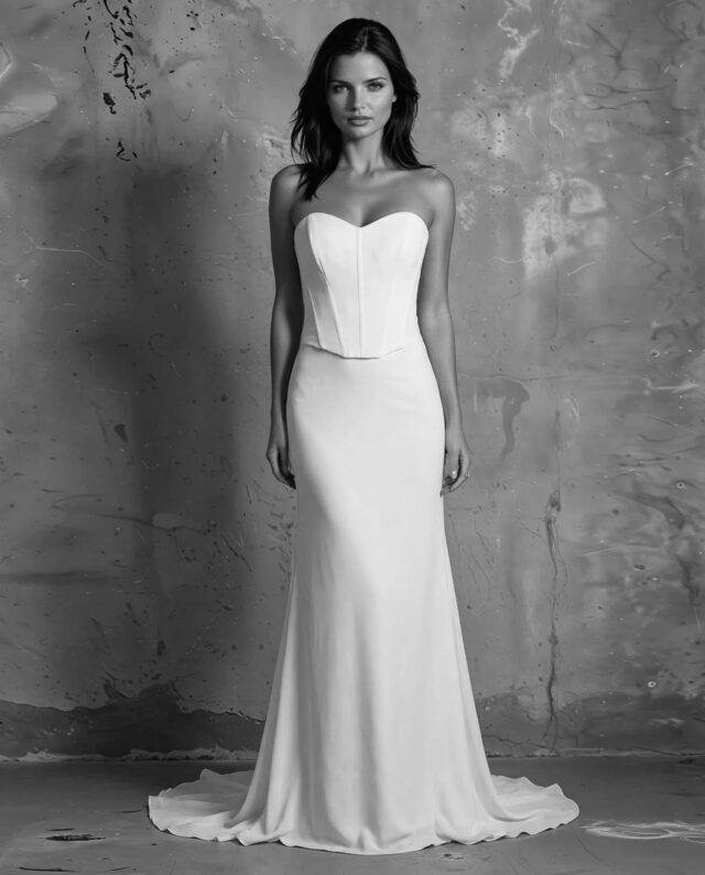 Style 21. Gudnitz Copenhagen. 2-delt brudekjole med corsage i crepe og havfrueskørt i chiffon med langt slæb.