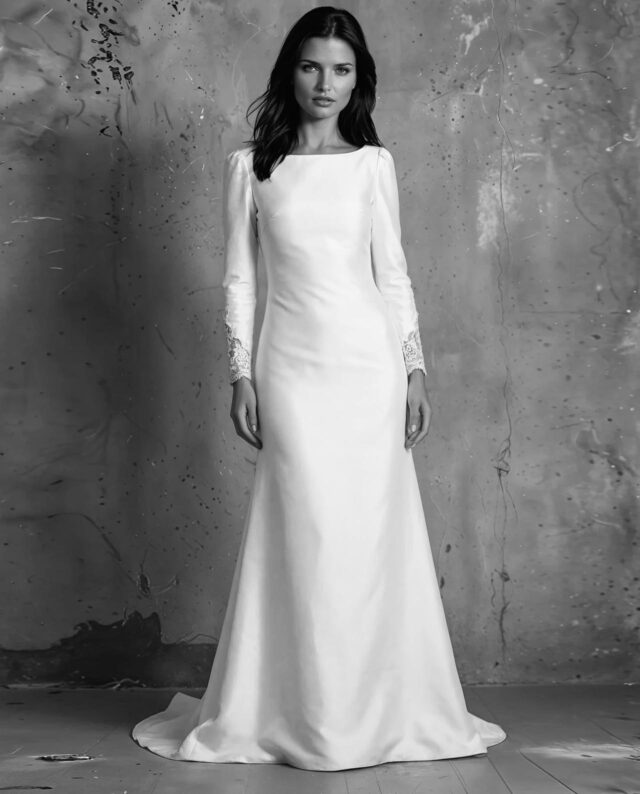 Style 24- Gudnitz Copenhagen kollektionsprøve. Enkel crepekjole med blondedetaljer på ærmet. Kjolen har en dyb ryg og stofbetrukne knapper.