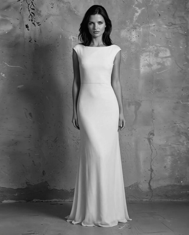 Enkel og elegant crepe kjolen med skæring i taljen og dyb ryg.