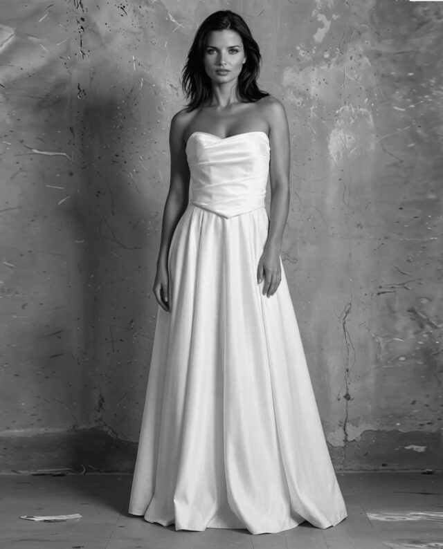 Style 29. Kollektionsprøve. Gudnitz Copenhagen. 2 delt brudekjole med draperet corsage og ball gown skørt