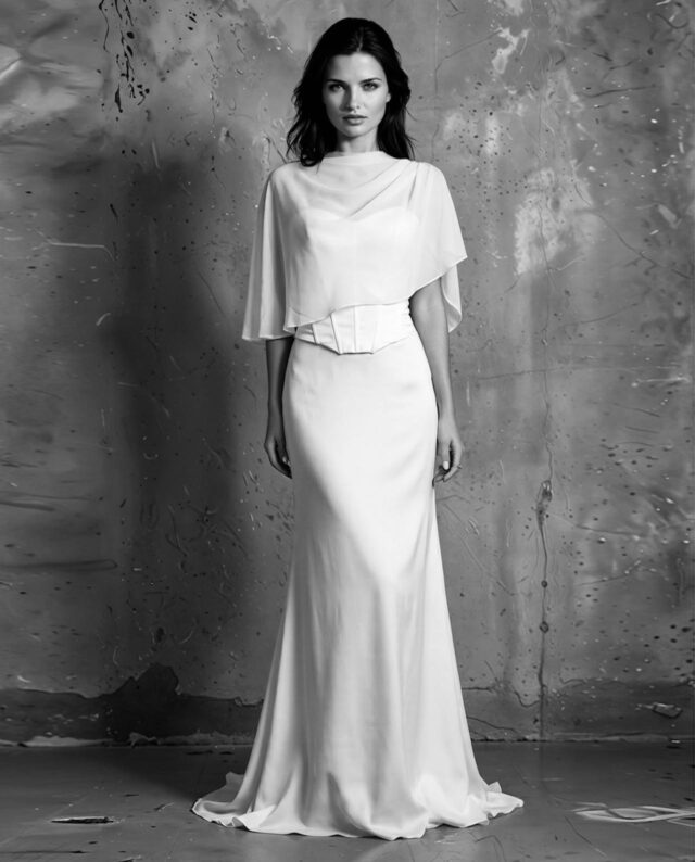 Style 37 Kollektionsprøve. Gudnitz Copenhagen. 2 delt brudekjole med corsage og chiffon nederdel. Chiffon cape med drapering.